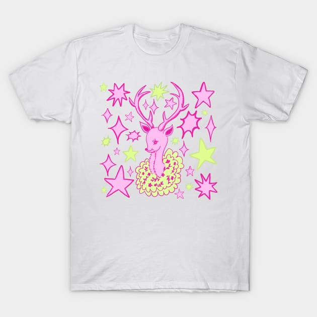 Retro Majestic Deer, Pink and Green T-Shirt by DaydreamerAlley